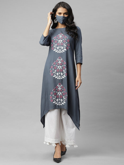 Grey Floral Printed A-Line Kurta