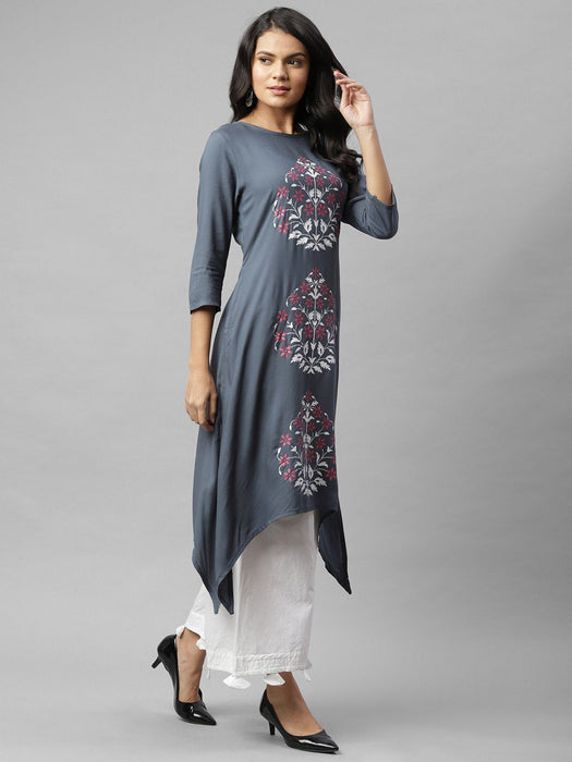 Grey Floral Printed A-Line Kurta