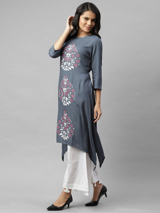 Grey Floral Printed A-Line Kurta