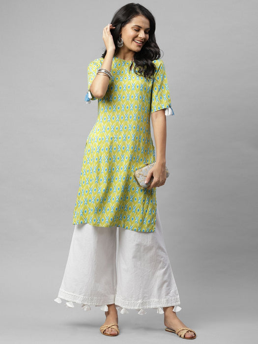 Lime Green Printed With Tassel Detail Kurta