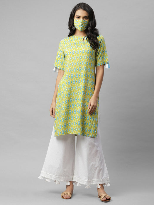 Lime Green Printed With Tassel Detail Kurta