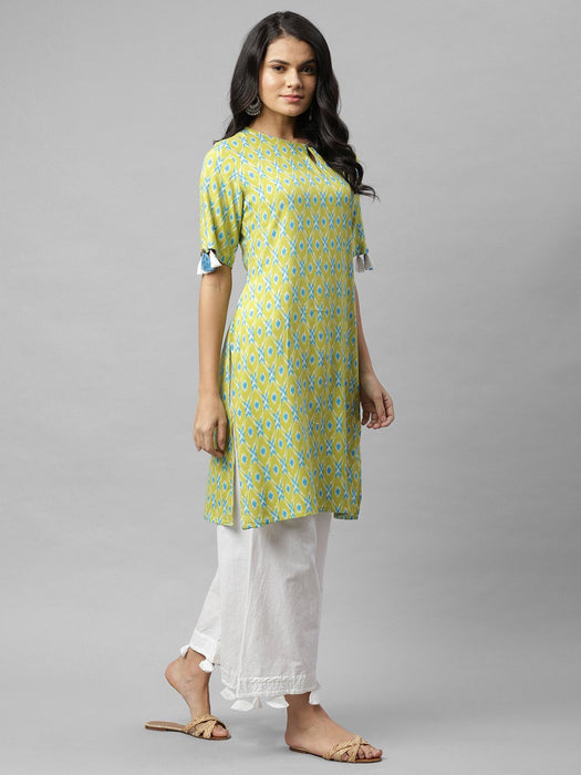 Lime Green Printed With Tassel Detail Kurta