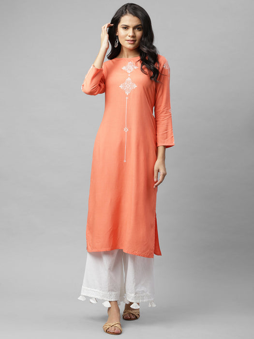 Coral Pink Printed Straight Kurta