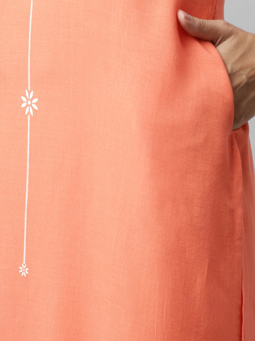 Coral Pink Printed Straight Kurta