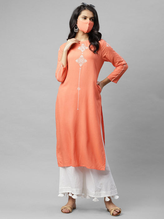 Coral Pink Printed Straight Kurta