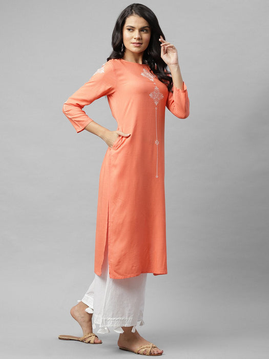 Coral Pink Printed Straight Kurta