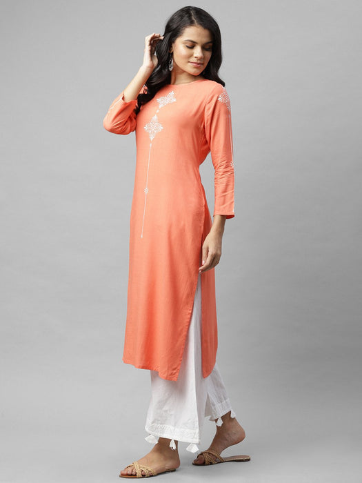 Coral Pink Printed Straight Kurta