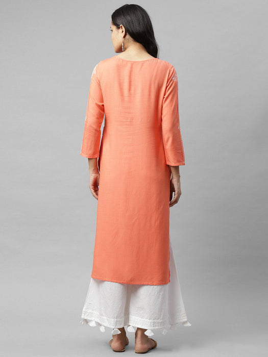 Coral Pink Printed Straight Kurta