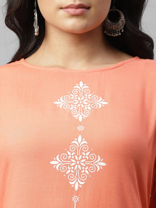 Coral Pink Printed Straight Kurta