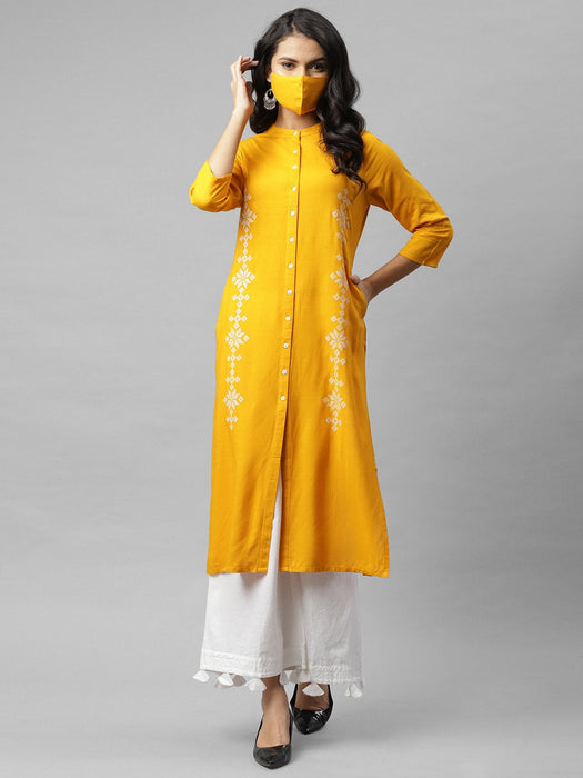 Mustard Printed Band Collar Kurta