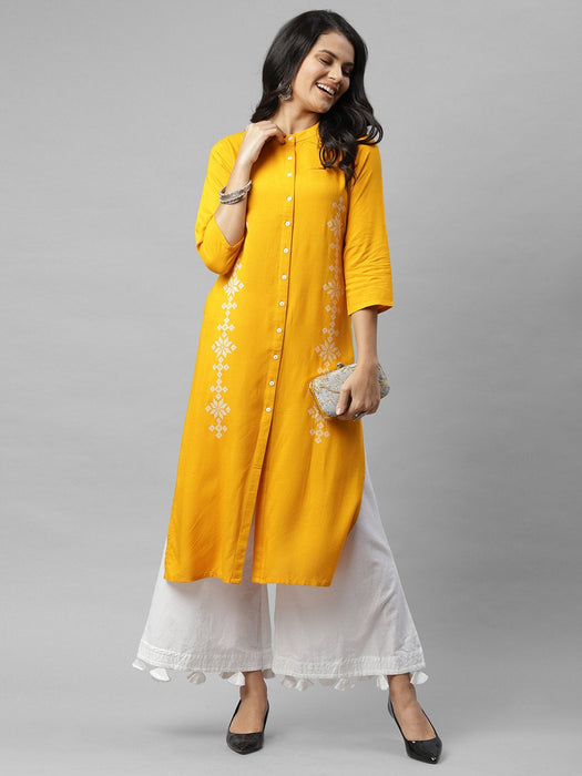 Mustard Printed Band Collar Kurta