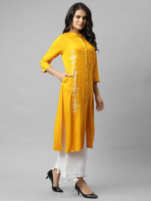 Mustard Printed Band Collar Kurta