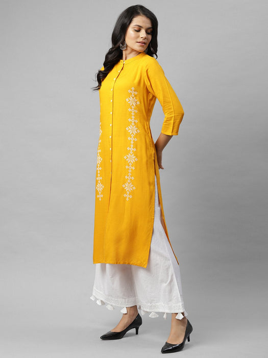 Mustard Printed Band Collar Kurta