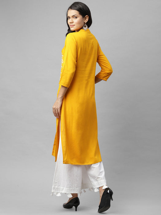 Mustard Printed Band Collar Kurta