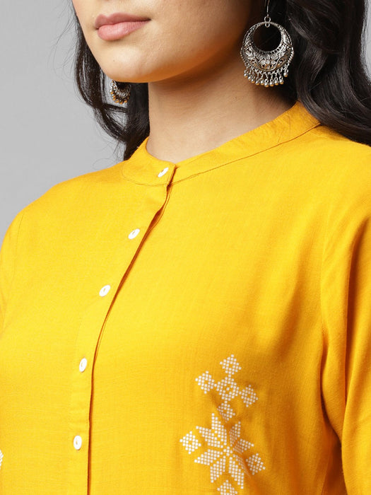 Mustard Printed Band Collar Kurta