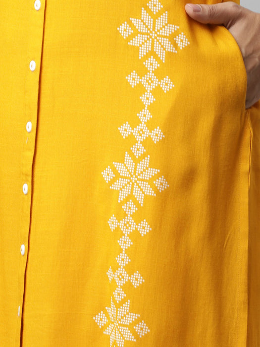 Mustard Printed Band Collar Kurta