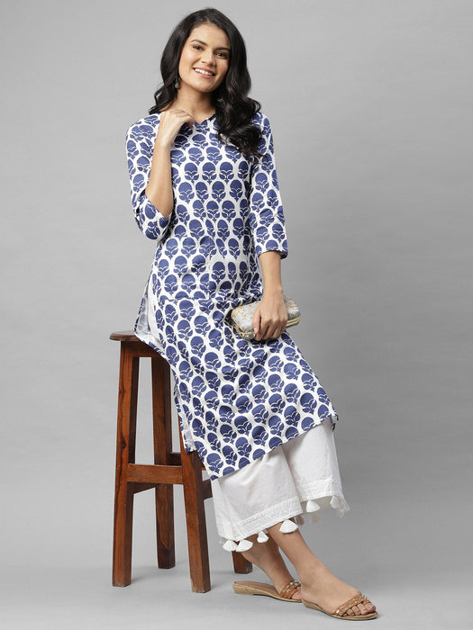 White Ikkat Style Printed Straight Kurta