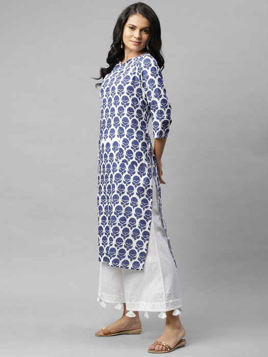 White Ikkat Style Printed Straight Kurta