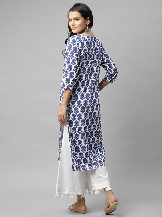 White Ikkat Style Printed Straight Kurta