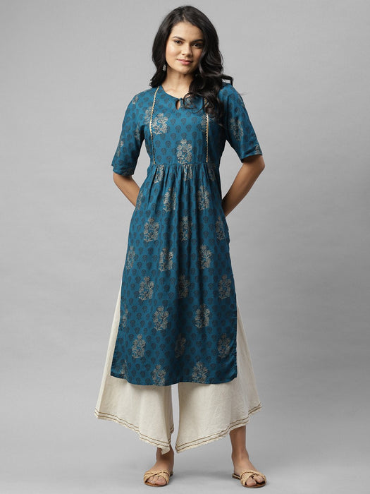 Blue Foil Print With Lace Detail Kurta