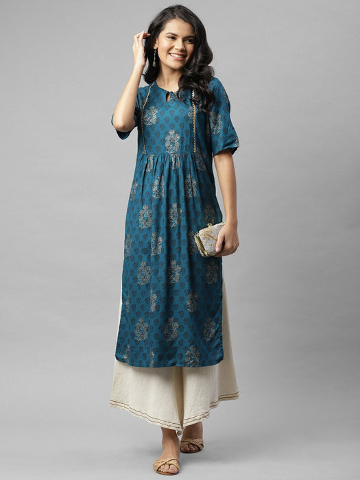 Blue Foil Print With Lace Detail Kurta