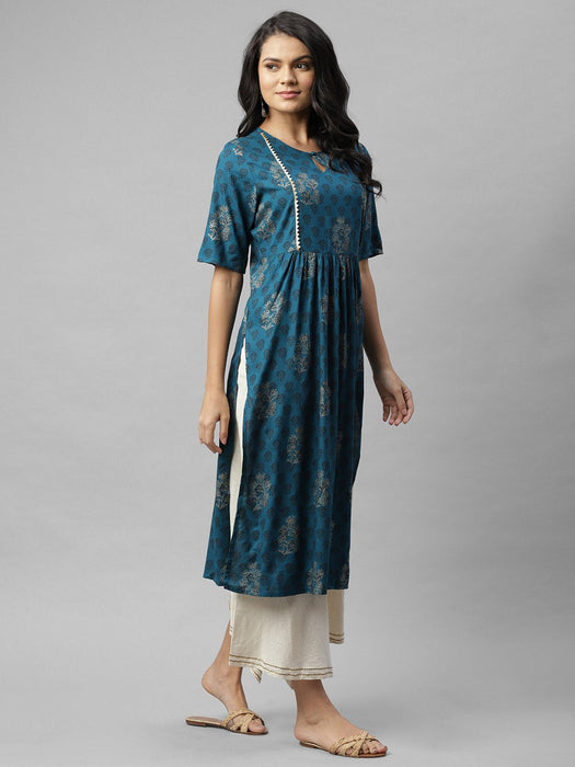 Blue Foil Print With Lace Detail Kurta