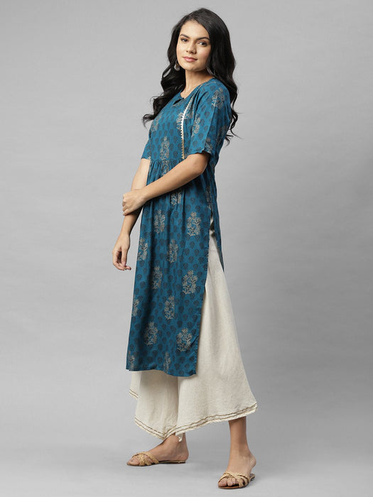 Blue Foil Print With Lace Detail Kurta