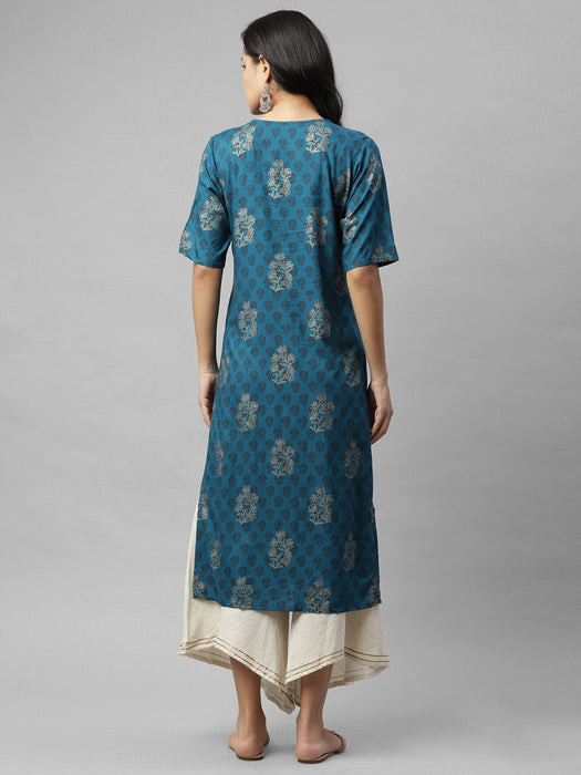 Blue Foil Print With Lace Detail Kurta