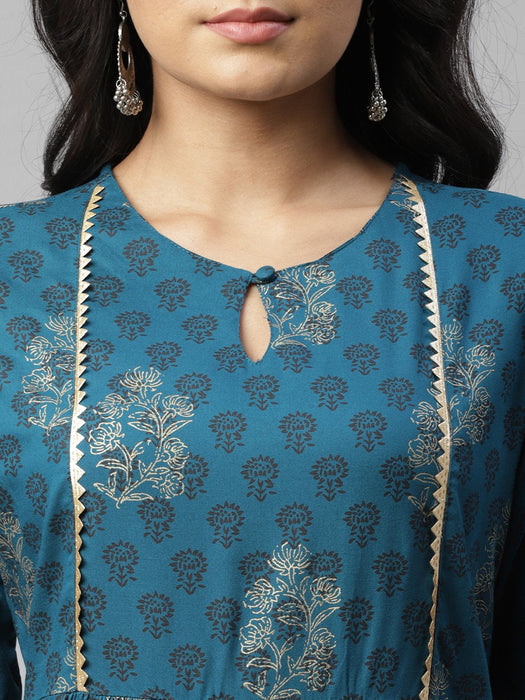 Blue Foil Print With Lace Detail Kurta