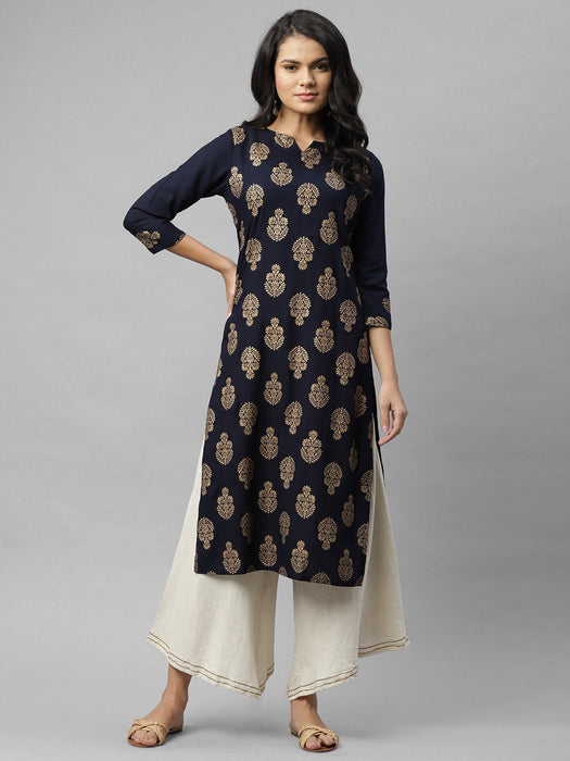 Navy Foil Print Straight Kurta