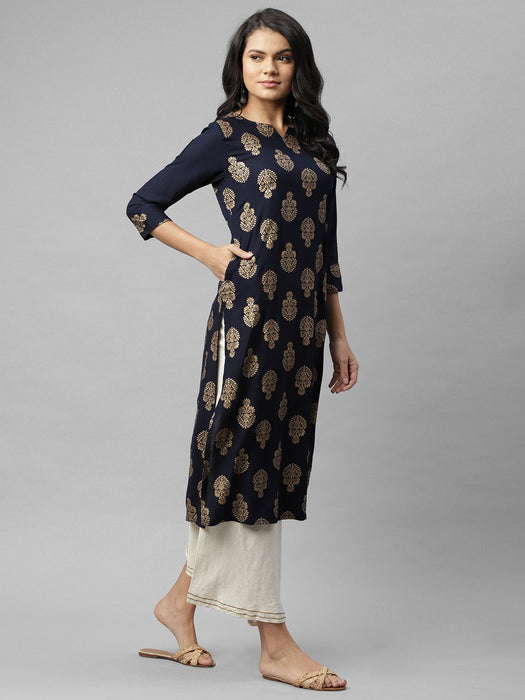 Navy Foil Print Straight Kurta