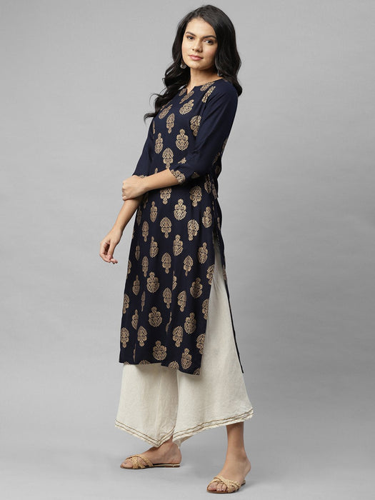 Navy Foil Print Straight Kurta