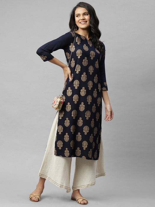 Navy Foil Print Straight Kurta