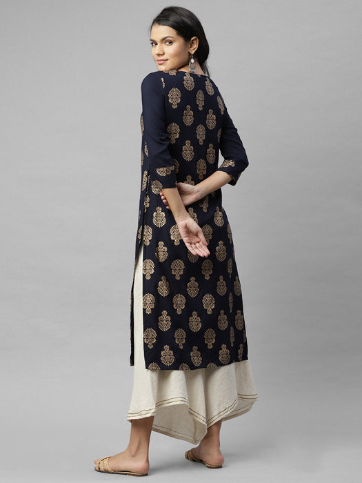 Navy Foil Print Straight Kurta