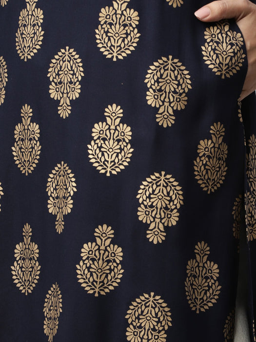 Navy Foil Print Straight Kurta