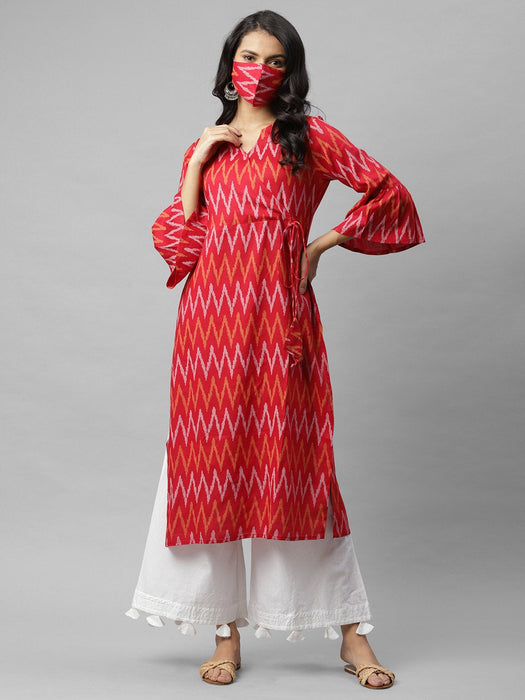 Red Printed Angrakha Style A-Line Kurta