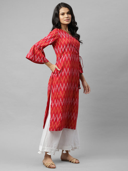 Red Printed Angrakha Style A-Line Kurta