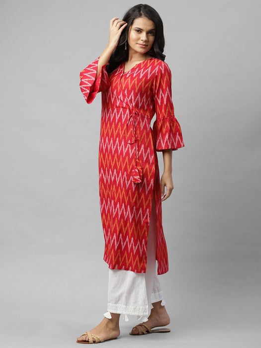 Red Printed Angrakha Style A-Line Kurta