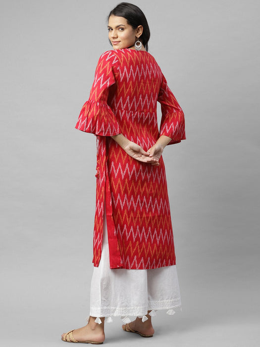 Red Printed Angrakha Style A-Line Kurta