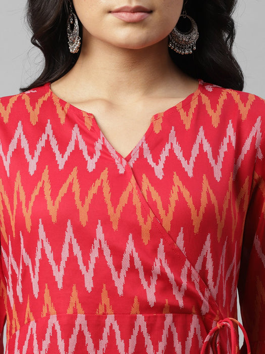 Red Printed Angrakha Style A-Line Kurta