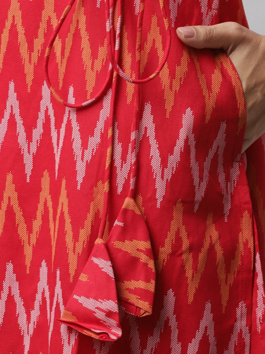 Red Printed Angrakha Style A-Line Kurta