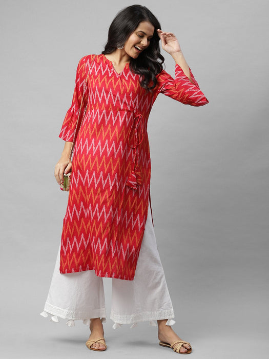 Red Printed Angrakha Style A-Line Kurta