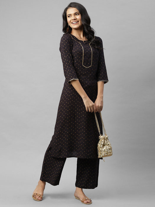 Black Printed With Neck Detail Straight Palazzo Kurta Set