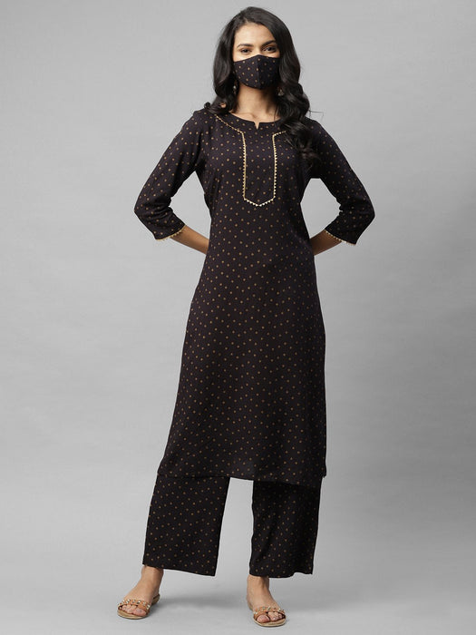 Black Printed With Neck Detail Straight Palazzo Kurta Set