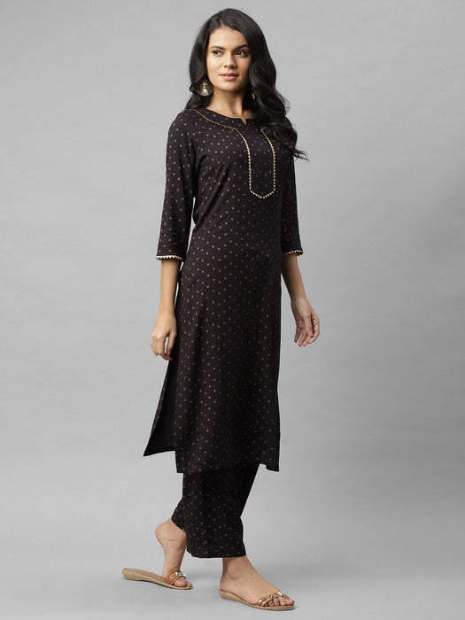 Black Printed With Neck Detail Straight Palazzo Kurta Set