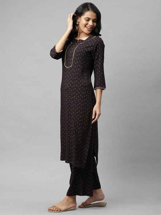 Black Printed With Neck Detail Straight Palazzo Kurta Set