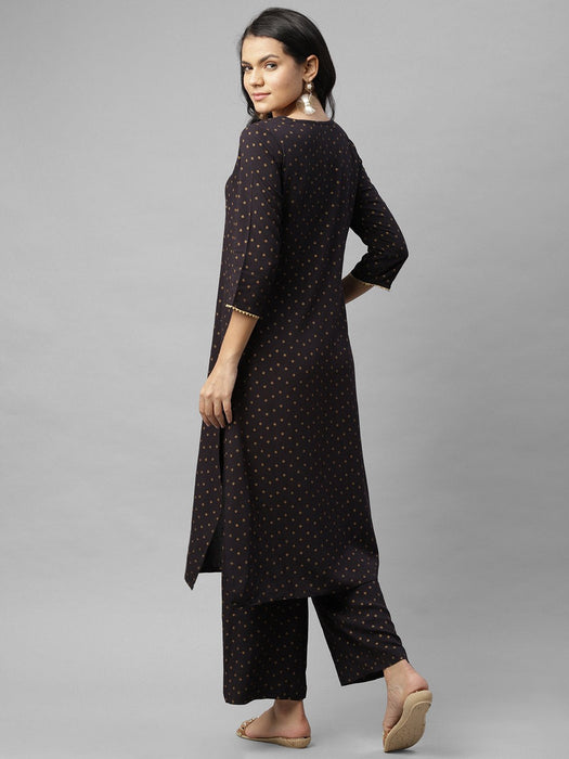 Black Printed With Neck Detail Straight Palazzo Kurta Set