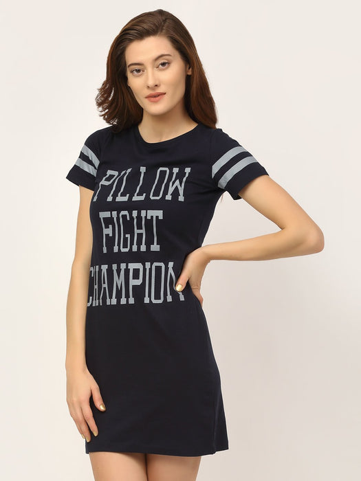 Navy Slogan Print Night Dress