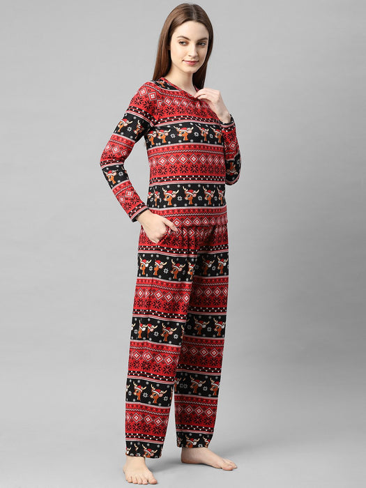 Maroon Printed Full Sleeve Night Suit