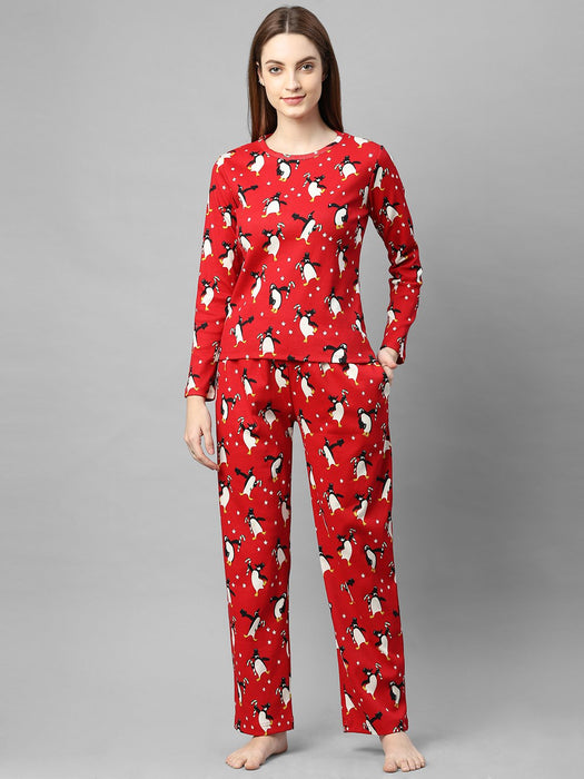 Red Printed Full Sleeve Night Suit